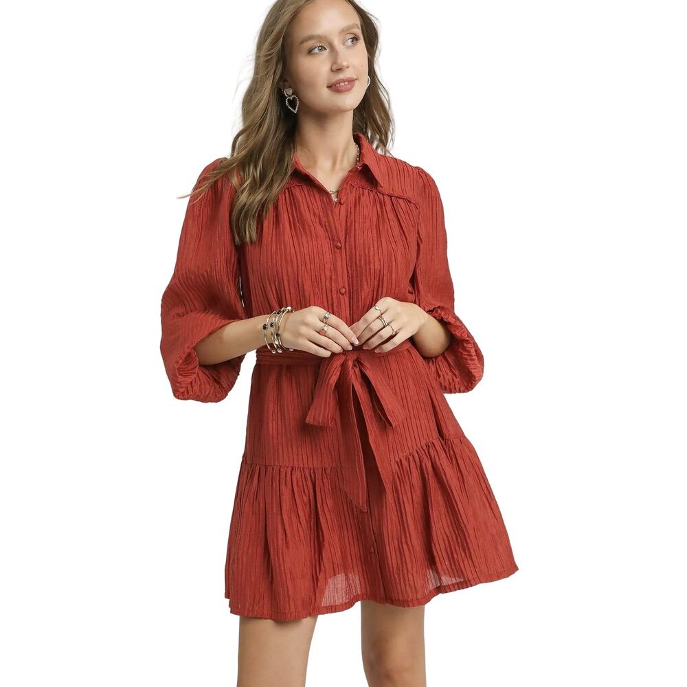 Copied - Umgee Crinkle Button-Front Tiered Mini Dress with Waist Tie